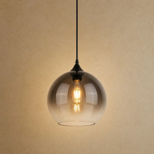 Suspension plafond Iridana, globe de verre dégradé gris fumé et rebord transparent | Delvanie