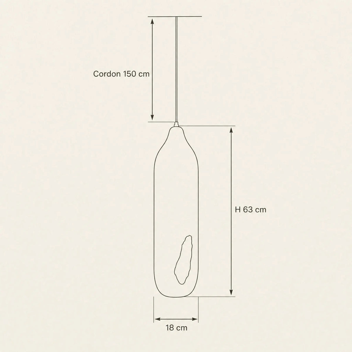 Schéma coté de la suspension Golenza, hauteur 63 cm, diamètre 18 cm, cordon 150 cm | Delvanie