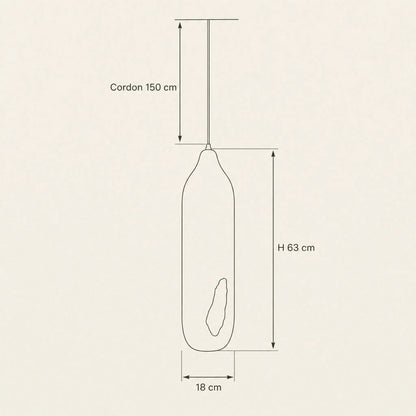 Schéma coté de la suspension Golenza, hauteur 63 cm, diamètre 18 cm, cordon 150 cm | Delvanie