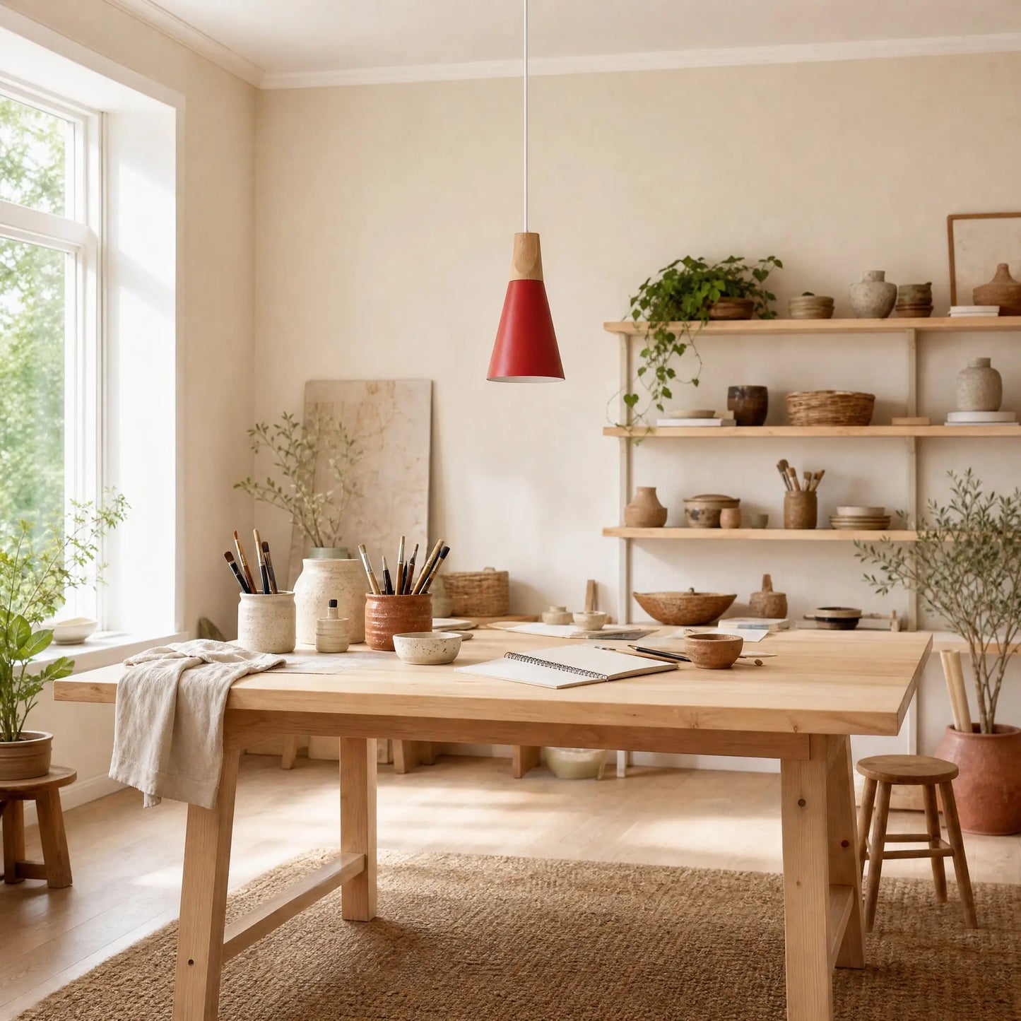 Suspension scandinave Askelya fuseau rouge au-dessus d'une table d'atelier créatif | Delvanie