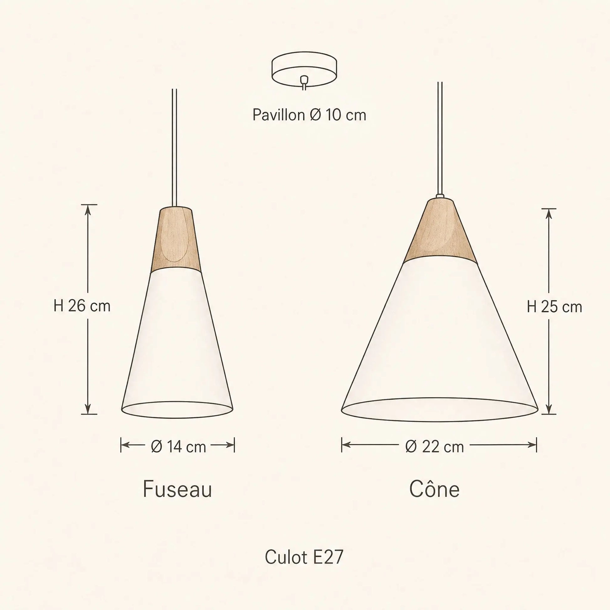 Schéma coté de la suspension scandinave Askelya, fuseau Ø 14 x H 26 cm et cône Ø 22 x H 25 cm | Delvanie
