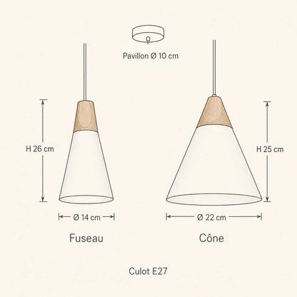 Schéma coté de la suspension scandinave Askelya, fuseau Ø 14 x H 26 cm et cône Ø 22 x H 25 cm | Delvanie