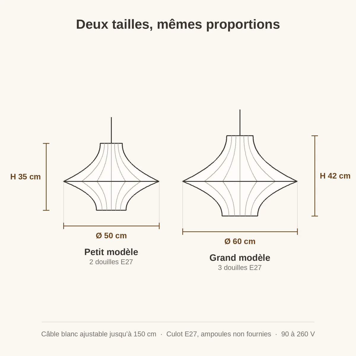 Schéma coté des deux tailles, Ø 50 x H 35 cm et Ø 60 x H 42 cm | Delvanie
