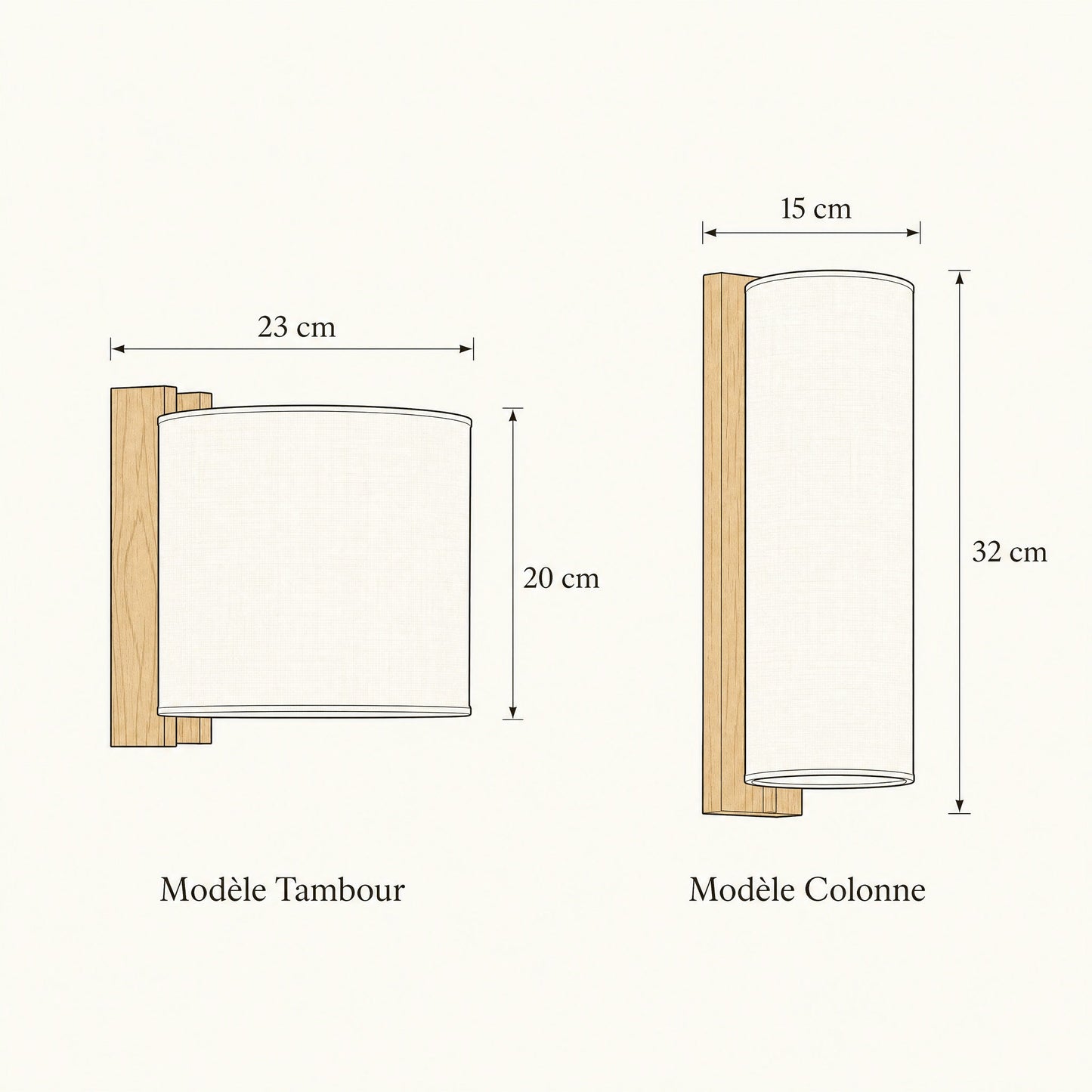Dimensions des appliques murales bois Tambour 23x20 cm et Colonne 15x32 cm | Delvanie