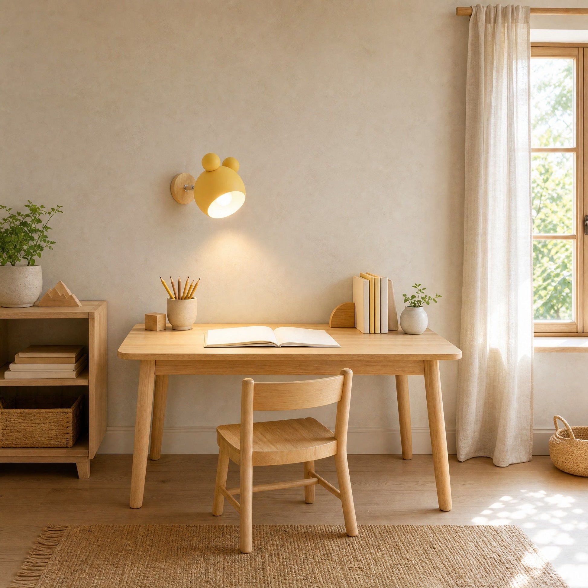 Applique murale Nemuria jaune inclinée vers un bureau d'enfant en chêne clair | Delvanie