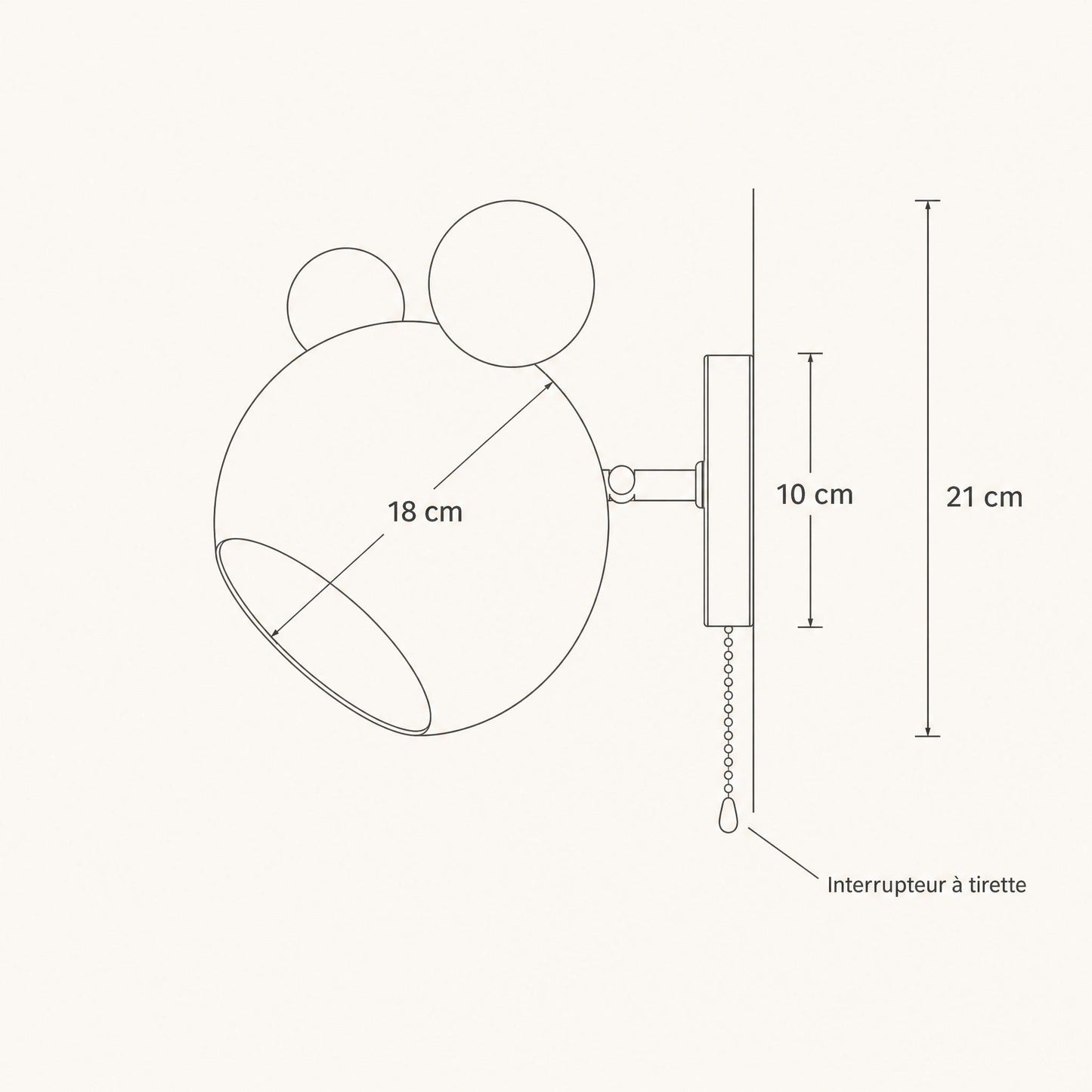 Schéma coté de l'applique murale Nemuria, hauteur 21 cm, globe 18 cm, platine 10 cm | Delvanie