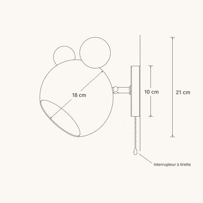 Schéma coté de l'applique murale Nemuria, hauteur 21 cm, globe 18 cm, platine 10 cm | Delvanie