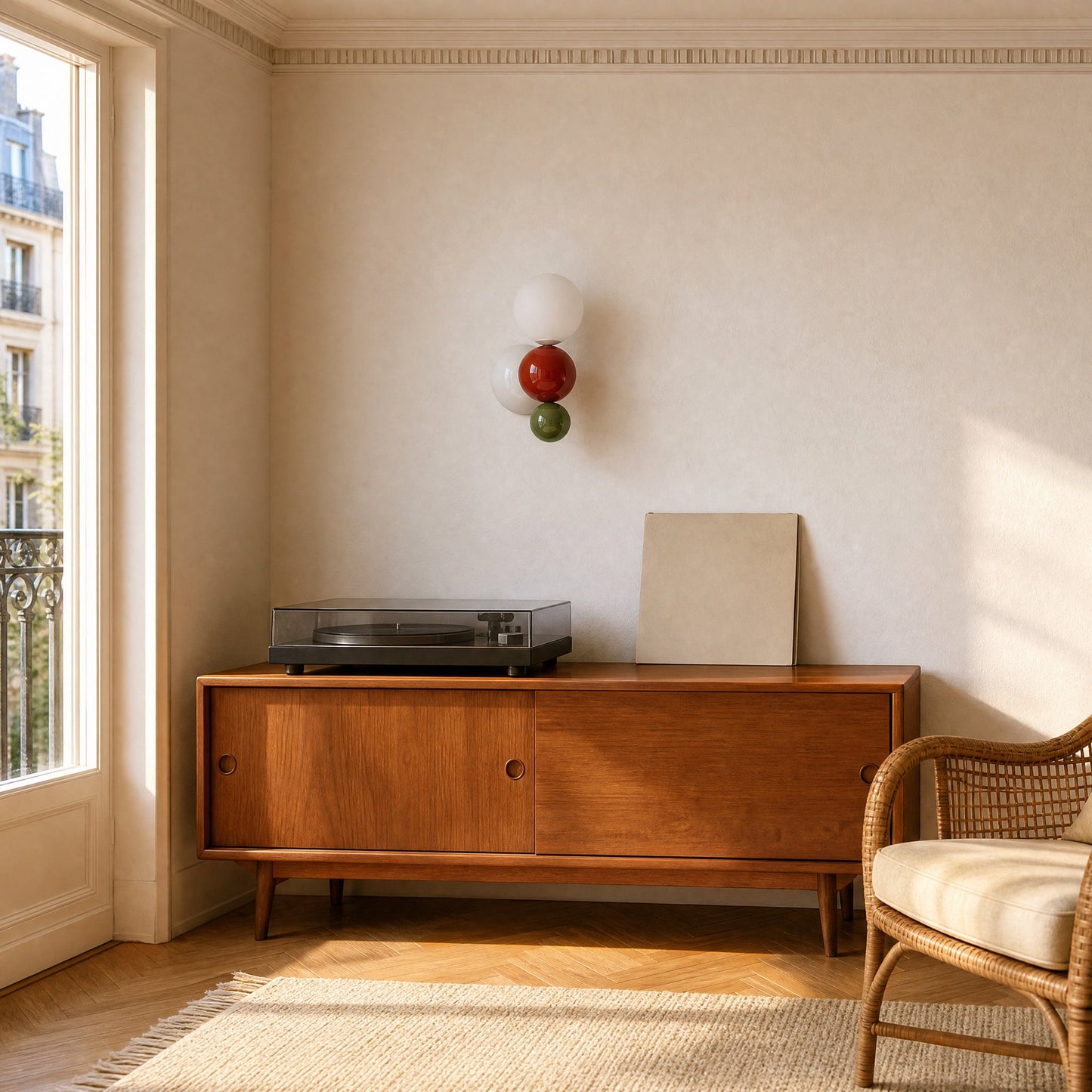 Applique murale boule rouge et verte au-dessus d'un meuble en teck et d'une platine vinyle | Delvanie