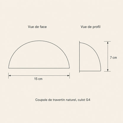 Schéma coté de l'applique murale demi-lune, 15 cm de large et 7 cm de haut | Delvanie