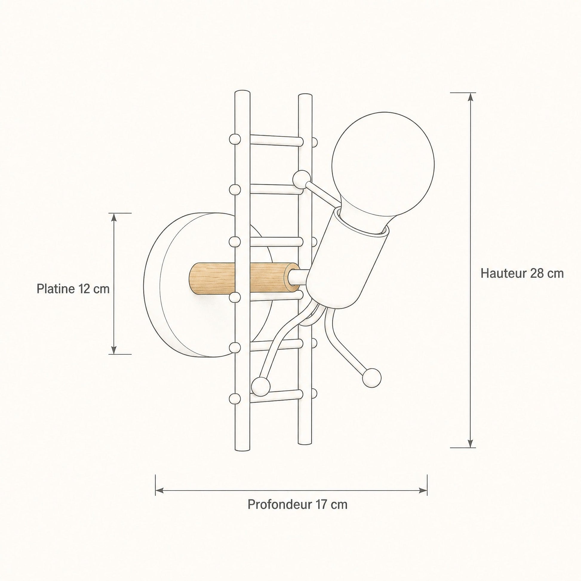 Schema cote de l applique murale Divaro, hauteur 28 cm, platine 12 cm, profondeur 17 cm | Delvanie