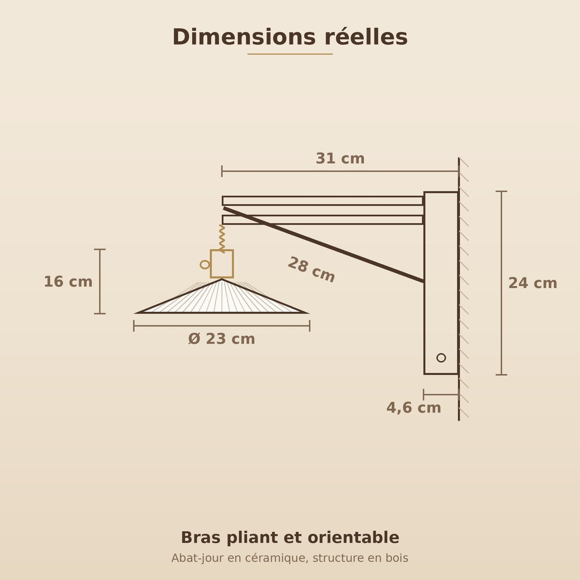 Schéma coté de l'applique murale, abat-jour 23 cm, bras 31 cm, platine murale 24 cm | Delvanie