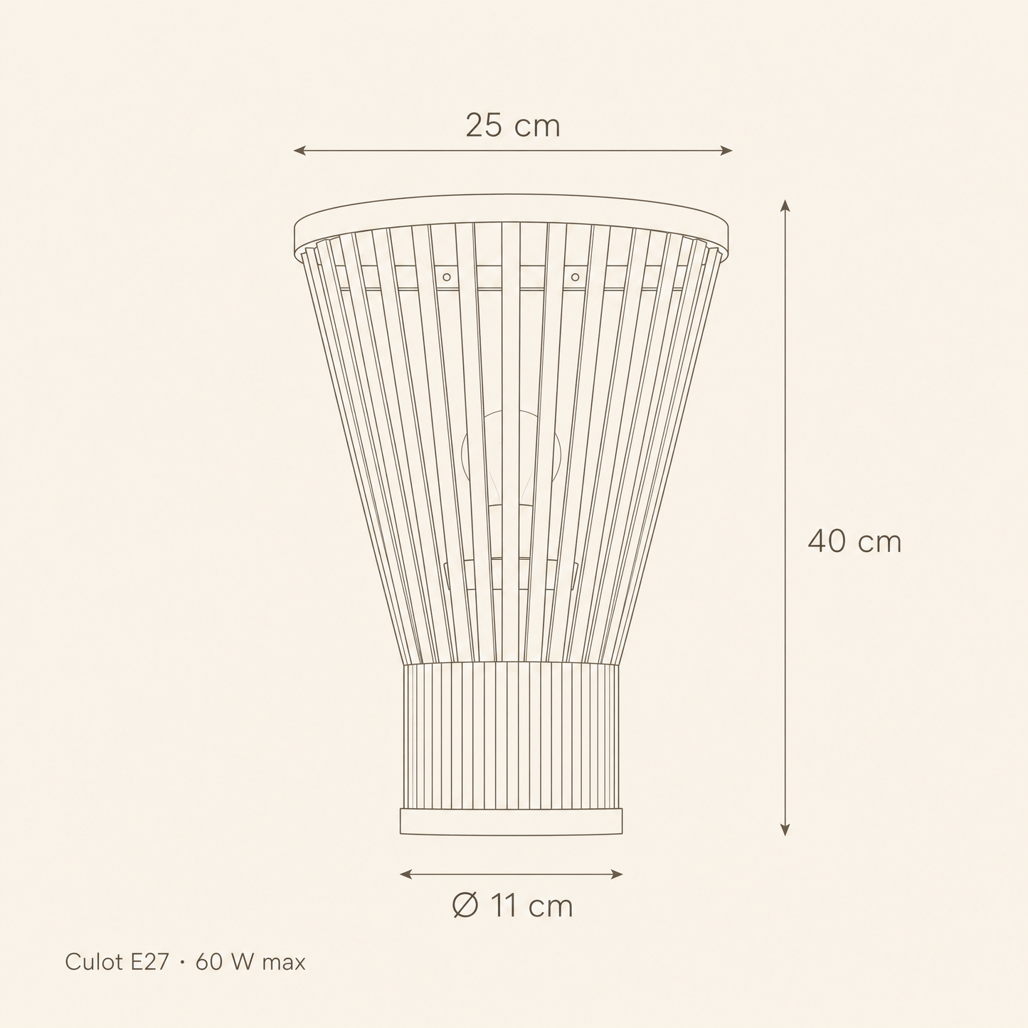 Schéma coté de l'applique murale Kazéya : 25 cm de largeur, 40 cm de hauteur, base Ø 11 cm | Delvanie