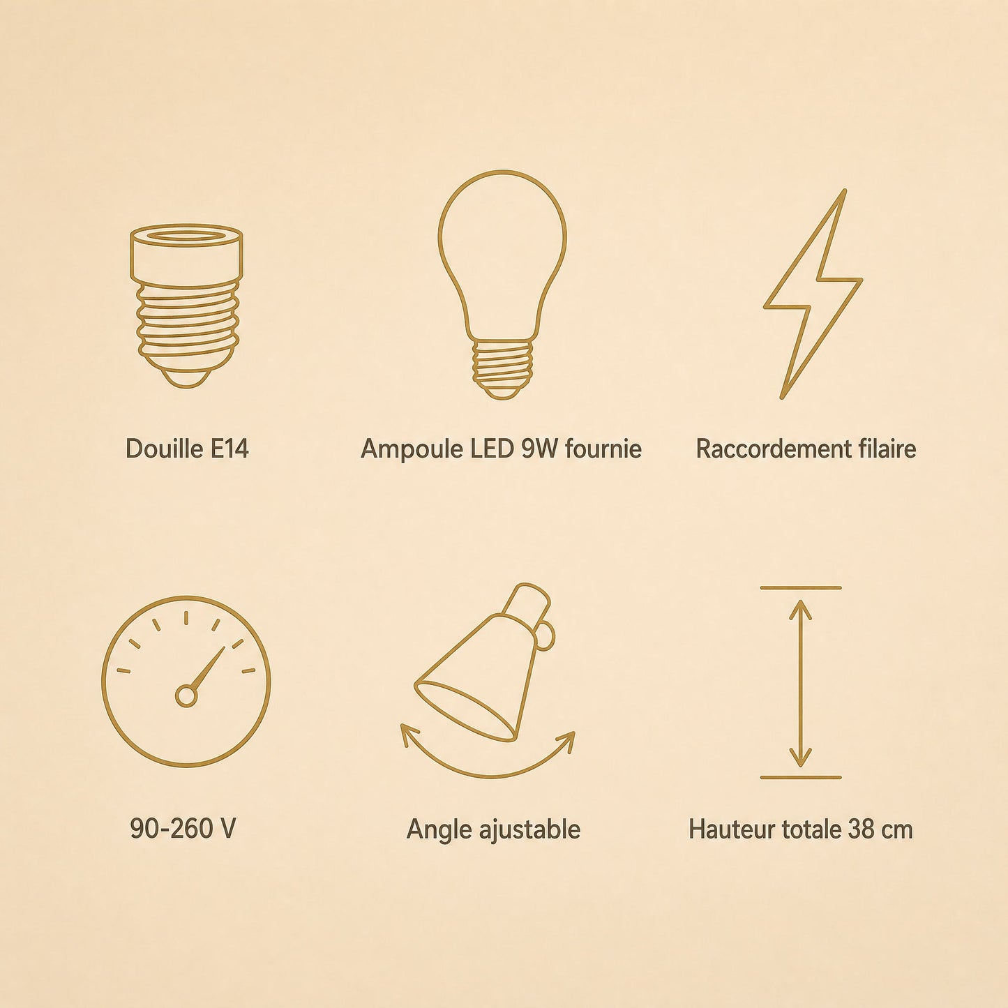 Caractéristiques de l'applique murale laiton Ottavine, douille E14 et ampoule LED fournie | Delvanie
