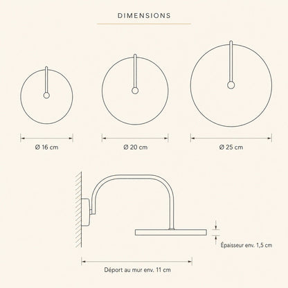 Schéma coté de l'applique murale en marbre, Ø 16, 20 et 25 cm, déport au mur 11 cm | Delvanie