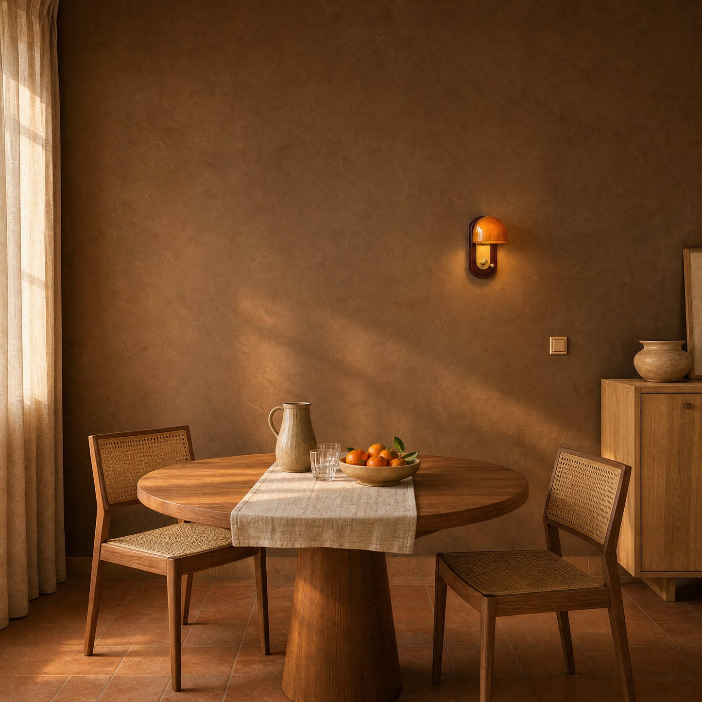 Applique murale Nurako allumée sur un mur de tadelakt chocolat, au-dessus d'une table ronde en teck | Delvanie