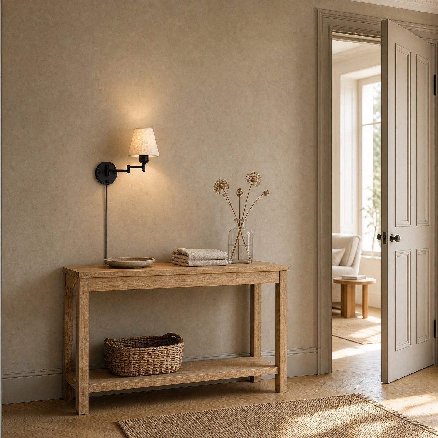 Applique murale tissu allumee au-dessus d'une console en chene dans une entree | Delvanie