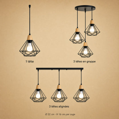 Les trois configurations de la suspension Sorenya : 1 tête, 3 têtes alignées, 3 têtes en grappe | Delvanie