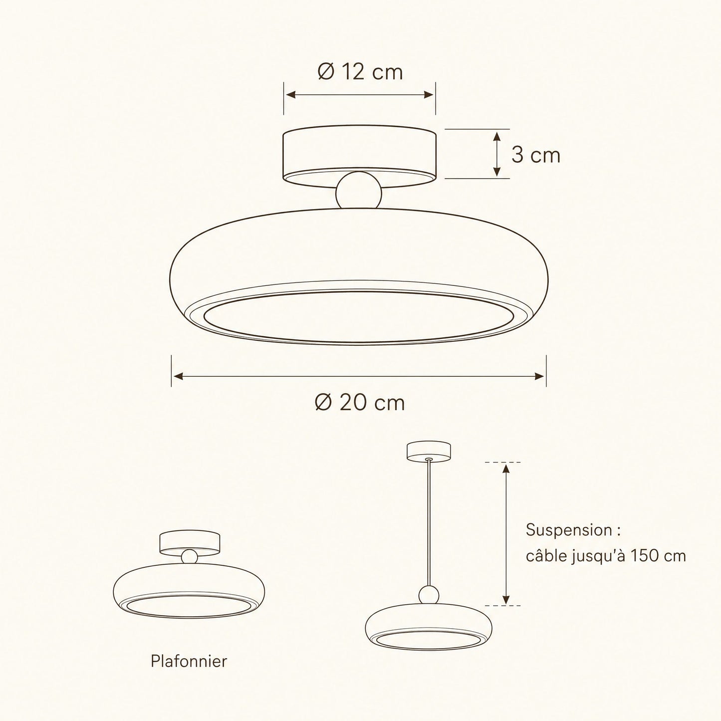 Dimensions du plafonnier Prismya, Ø 20 cm, plafonnier ou suspension | Delvanie