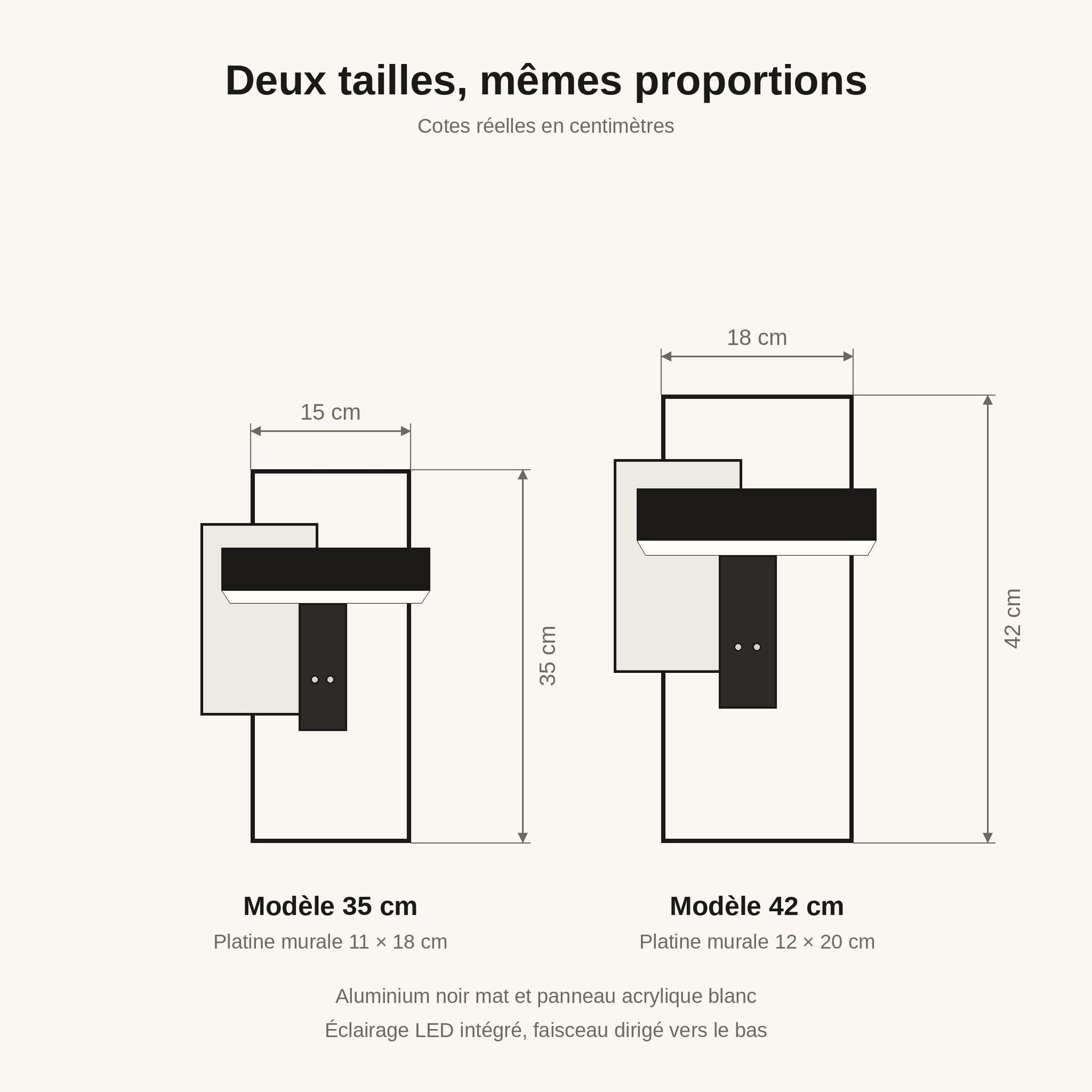 Schéma coté de l'éclairage extérieur mural Fialdo, modèles 35 cm et 42 cm | Delvanie