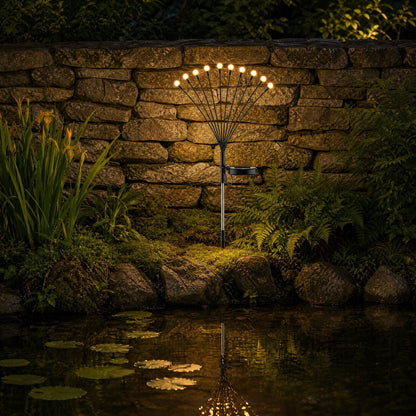 Lucioles solaires allumees au bord d un bassin de jardin, reflets dores sur l eau la nuit | Delvanie