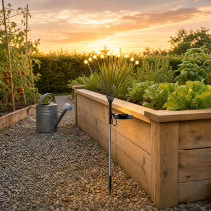 Eclairage solaire jardin plante au pied d un potager sureleve en bois au coucher du soleil | Delvanie