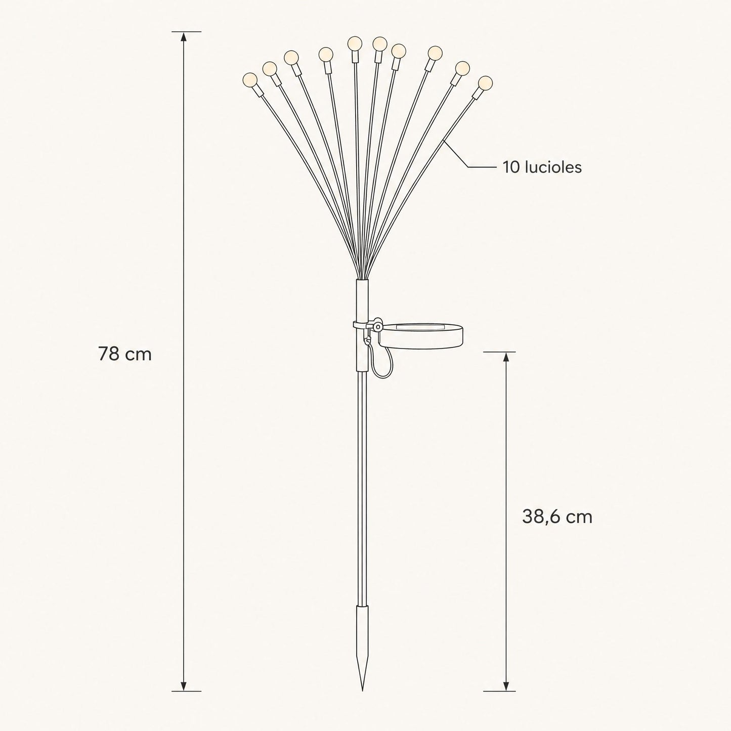 Schema cote du piquet solaire, hauteur totale 78 cm, piquet 38,6 cm, dix lucioles | Delvanie