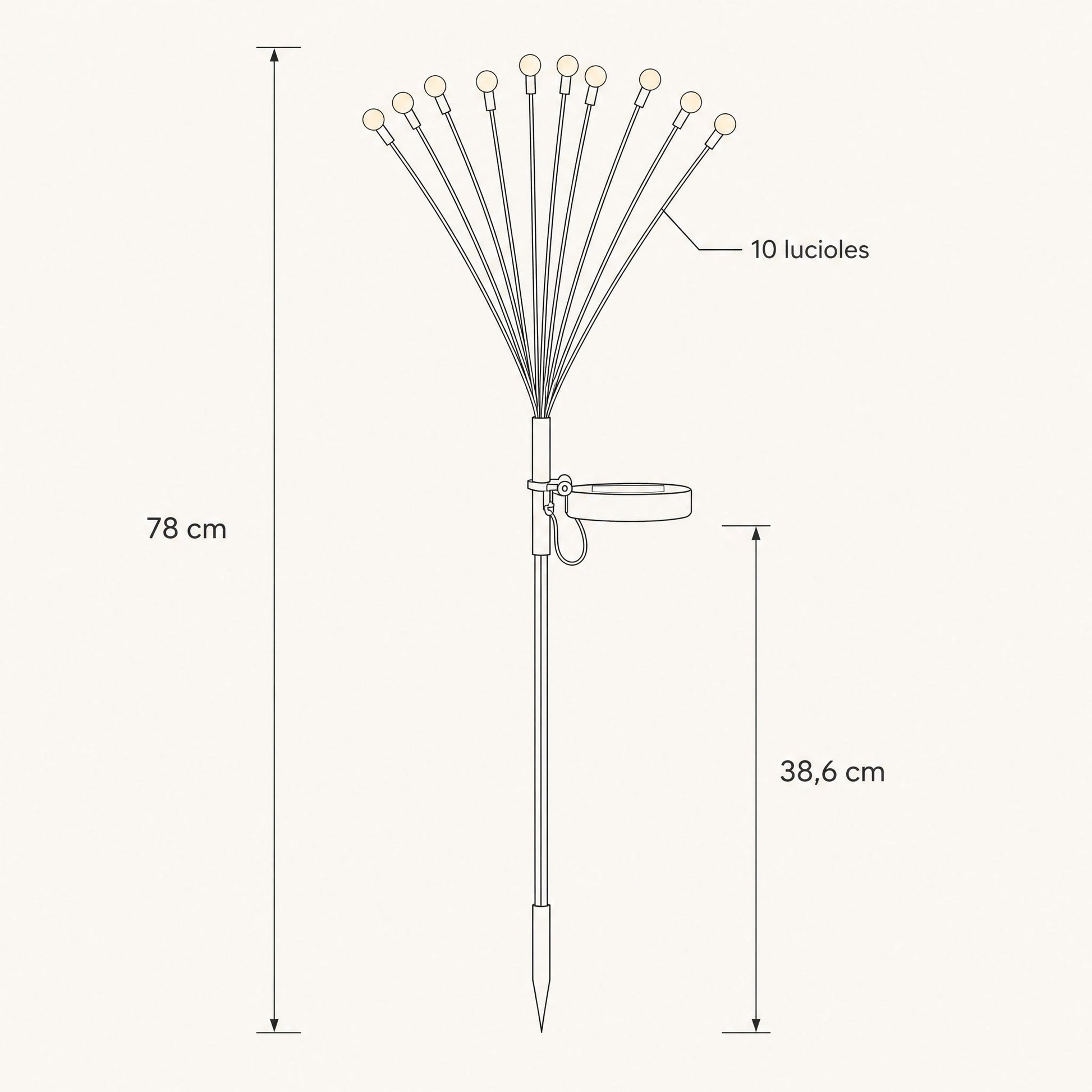 Schema cote du piquet solaire, hauteur totale 78 cm, piquet 38,6 cm, dix lucioles | Delvanie