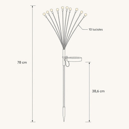 Schema cote du piquet solaire, hauteur totale 78 cm, piquet 38,6 cm, dix lucioles | Delvanie