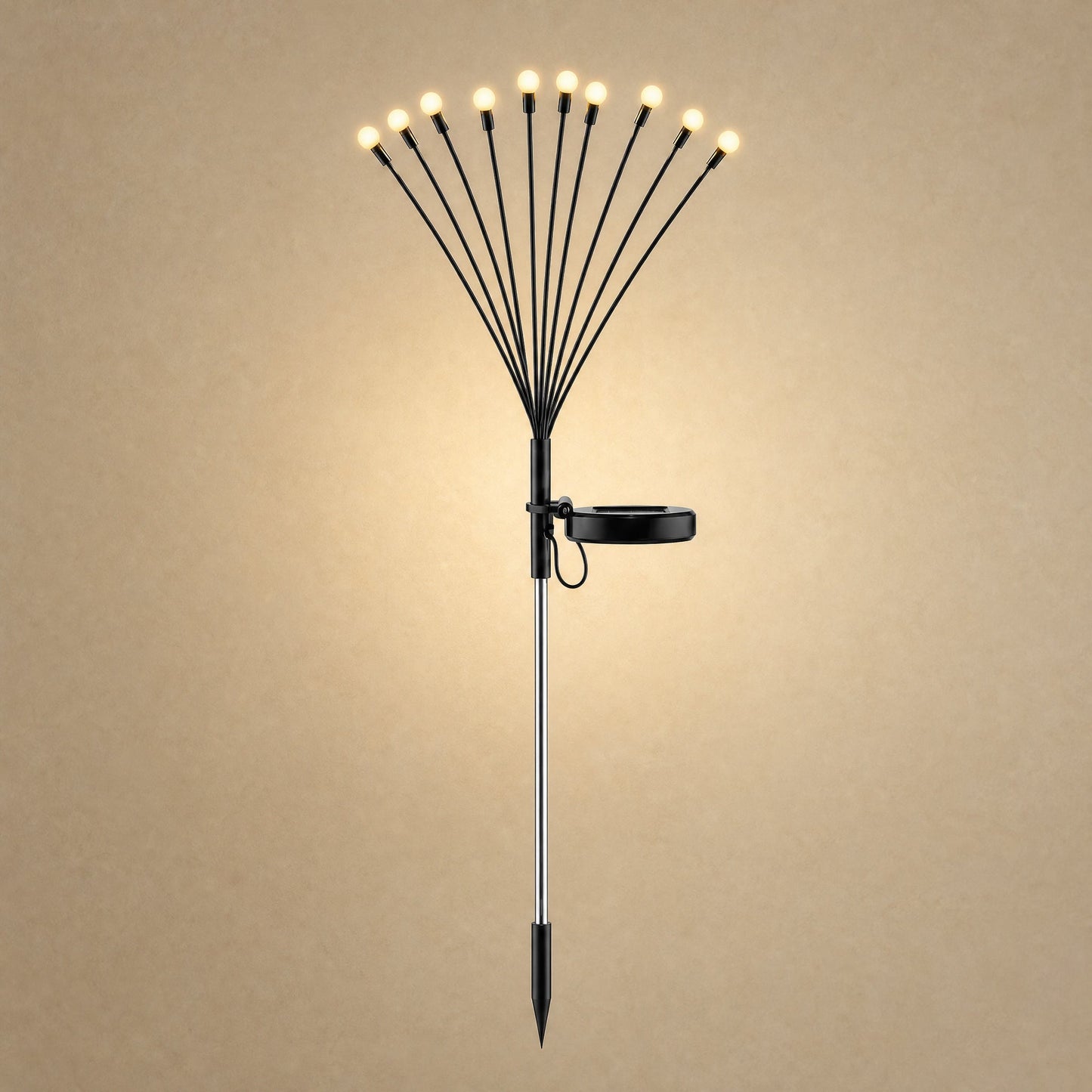 Piquet solaire de jardin a dix lucioles sur tiges souples, acier inoxydable et panneau solaire orientable | Delvanie