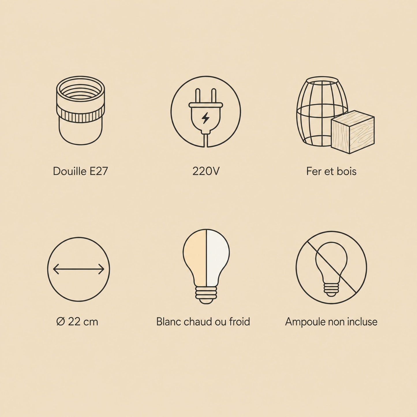 Caractéristiques de la suspension Sorenya : douille E27, 220V, fer et bois, ampoule non incluse | Delvanie