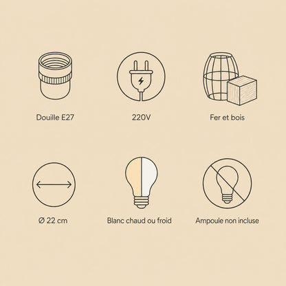 Caractéristiques de la suspension Sorenya : douille E27, 220V, fer et bois, ampoule non incluse | Delvanie