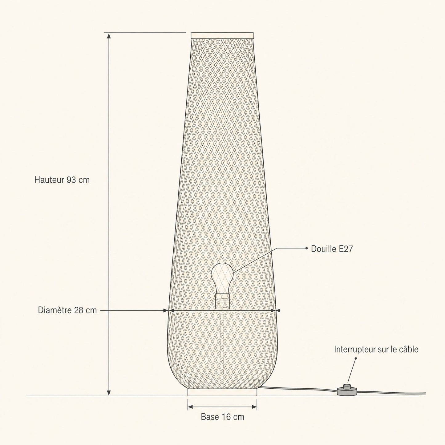 Schéma coté du lampadaire bambou Yanoki, hauteur 93 cm, diamètre 28 cm, base 16 cm, douille E27 | Delvanie