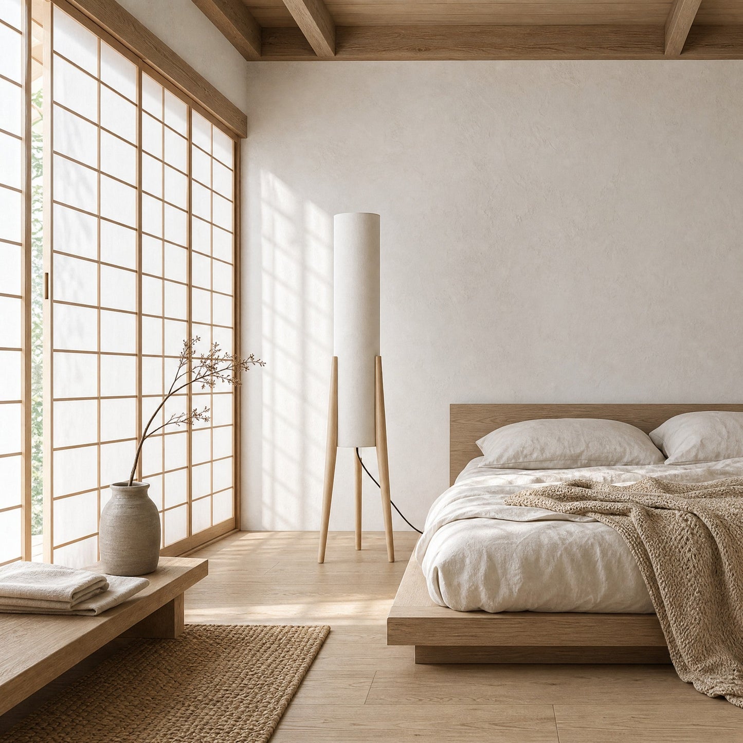 Lampadaire finition bois clair dans une chambre japandi à cloison shoji | Delvanie