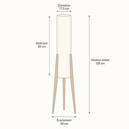 Schéma coté du lampadaire Nagiro, hauteur totale 128 cm et abat-jour 17,5 x 85 cm | Delvanie