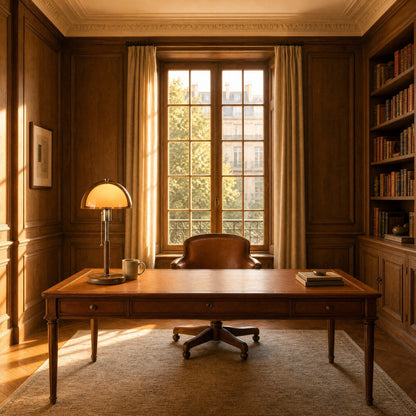 Lampe abat-jour d'ambre allumée sur le bureau d'un cabinet de travail à boiseries de chêne | Delvanie