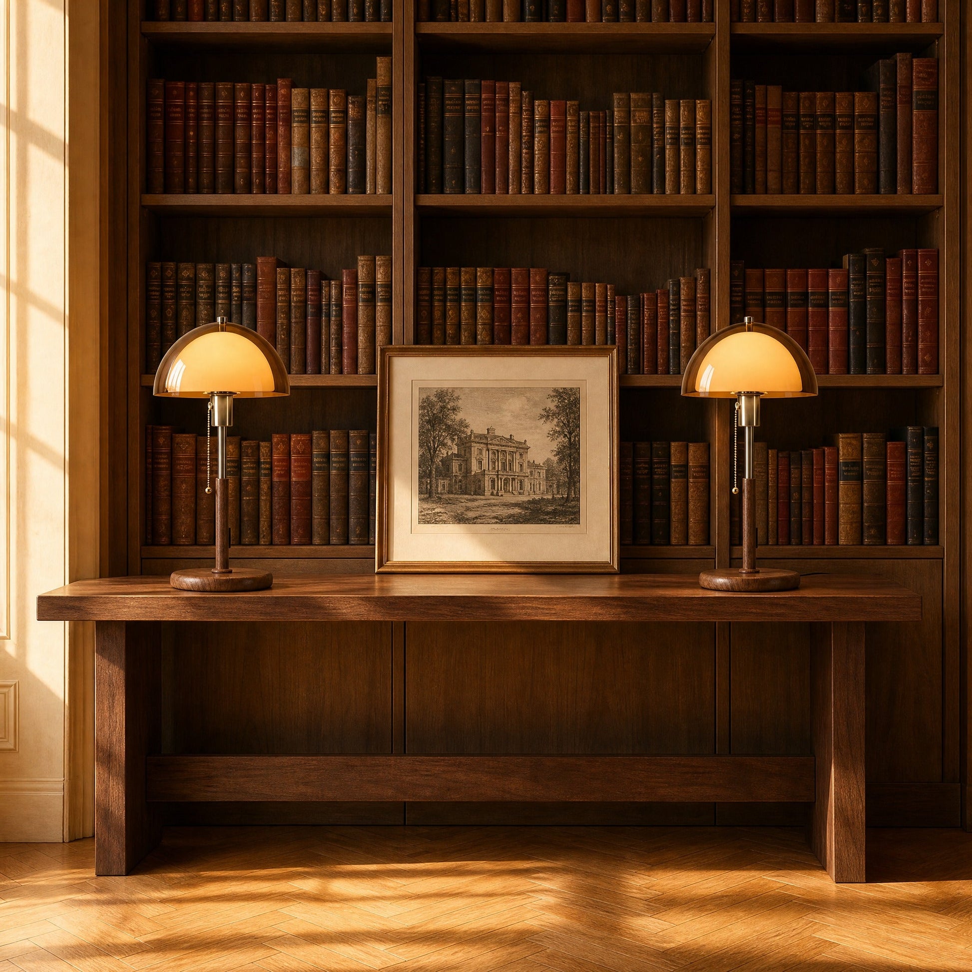 Deux lampes abat-jour d'ambre alignées sur une console de bibliothèque | Delvanie