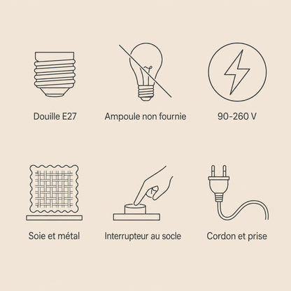 Caracteristiques de la lampe d'ambiance cocon, douille E27 et cordon a prise | Delvanie