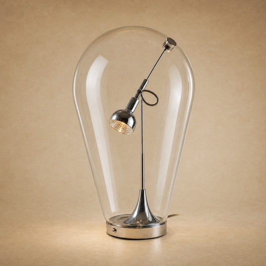 Lampe chromée sous cloche de verre soufflé, projecteur orientable à l'intérieur | Delvanie