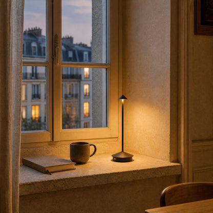 Lampe de table sans fil noire allumee sur un appui de fenetre au crepuscule | Delvanie