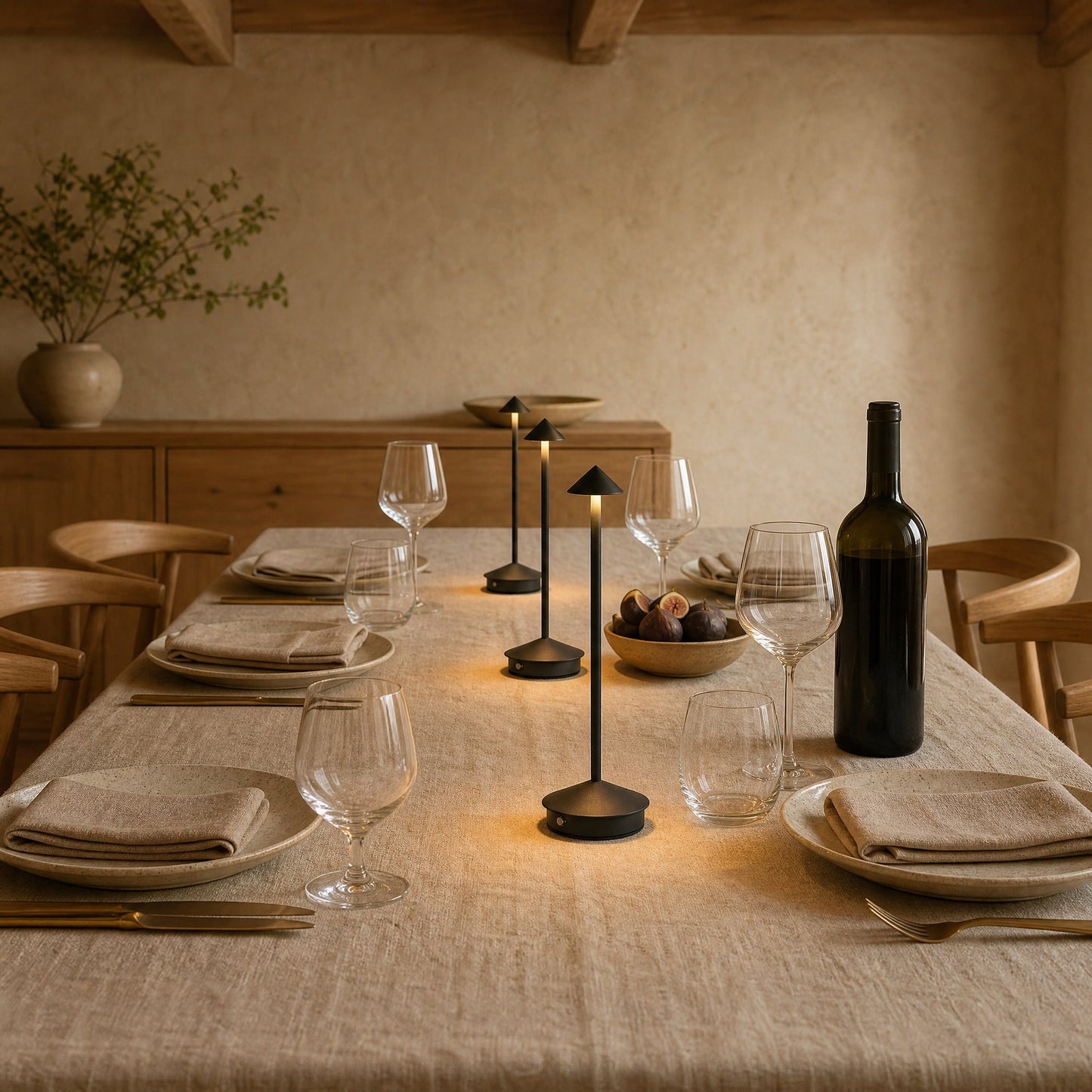 Trois lampes de table sans fil noires alignees sur une table dressee le soir | Delvanie