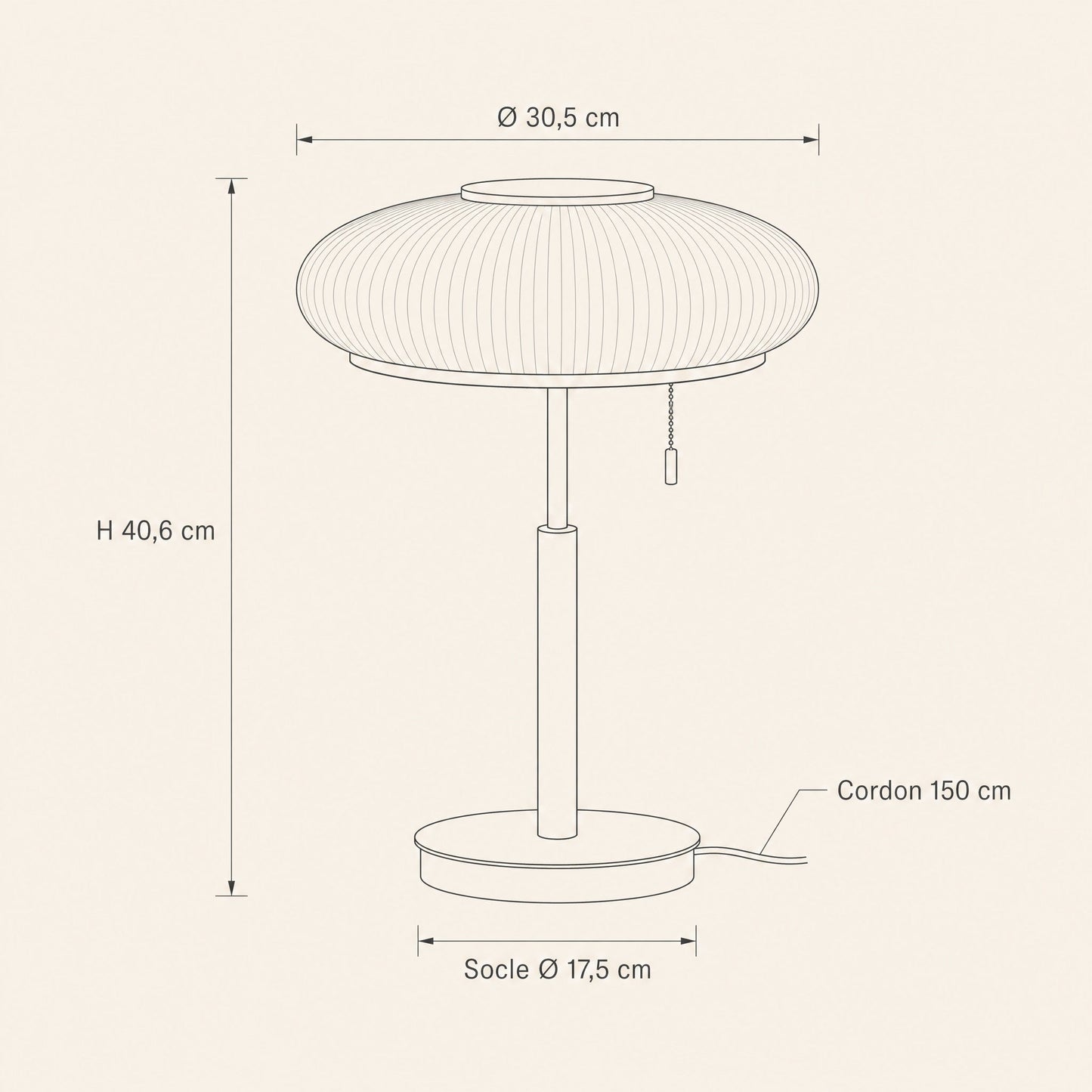 Schéma coté de la lampe vintage Milari, diamètre 30,5 cm et hauteur 40,6 cm | Delvanie