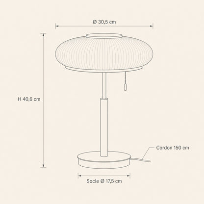 Schéma coté de la lampe vintage Milari, diamètre 30,5 cm et hauteur 40,6 cm | Delvanie