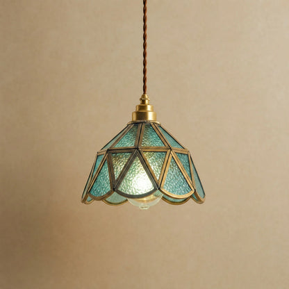 Lampe vitrail Mosaira, corolle en verre bleu turquoise sertie de laiton doré | Delvanie