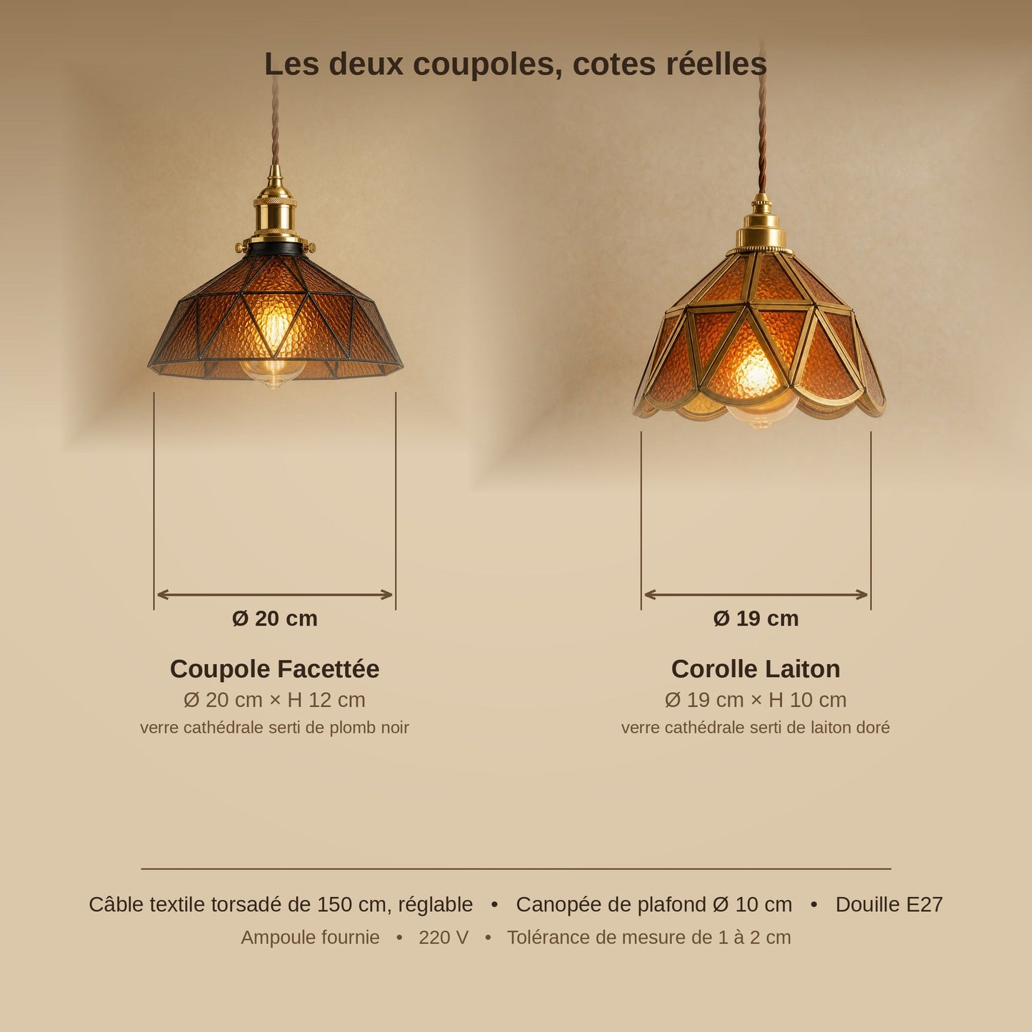 Schéma coté des deux coupoles Mosaira, Ø 20 cm et Ø 19 cm, câble de 150 cm | Delvanie