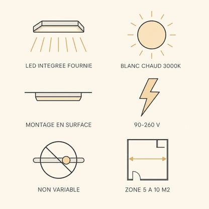 Caractéristiques du plafonnier Havori, LED intégrée fournie, blanc chaud 3000K, montage en surface | Delvanie