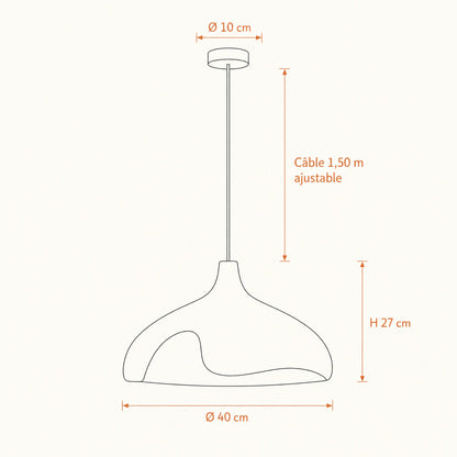 Schéma coté de la suspension Kanura, Ø 40 cm, hauteur 27 cm, câble ajustable 1,50 m | Delvanie