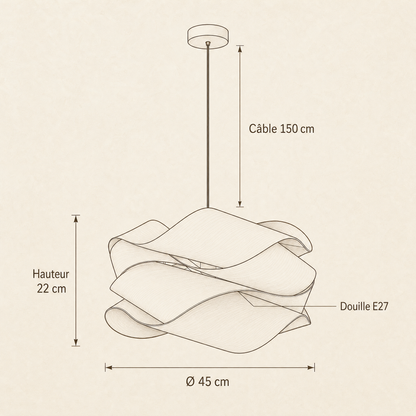 Schéma coté du lustre bois Kumoya : diamètre 45 cm, hauteur 22 cm, câble 150 cm, douille E27 | Delvanie