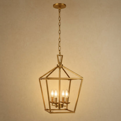 Lustre de couloir Serlino, lanterne cage en métal doré satiné à quatre flammes | Delvanie