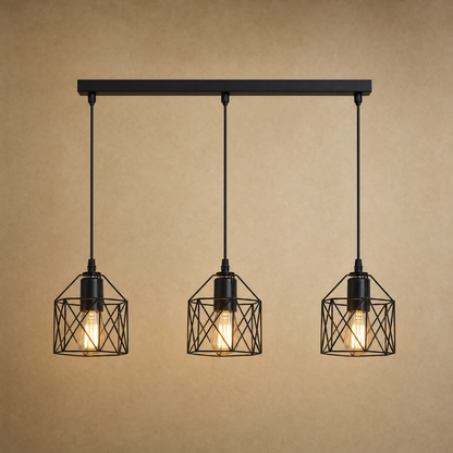 Lustre cuisine Feroya, trio de cages noires en fer, fond minéral beige | Delvanie