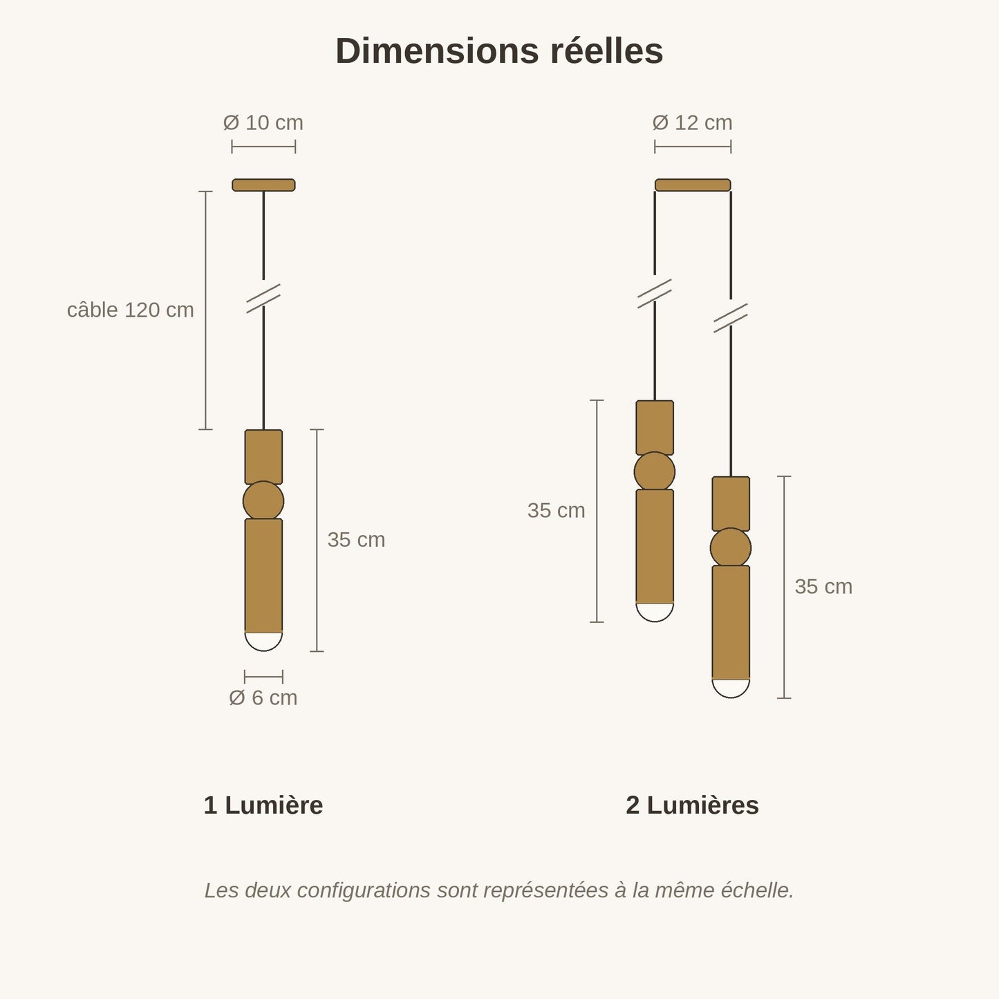 Schéma coté du lustre moderne Sumiro, corps 35 cm, diamètre 6 cm, câble 120 cm | Delvanie